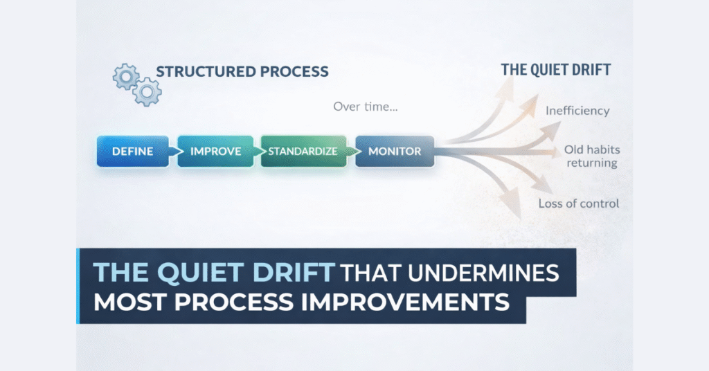 Process improvement drift showing how optimized processes slowly lose structure over time